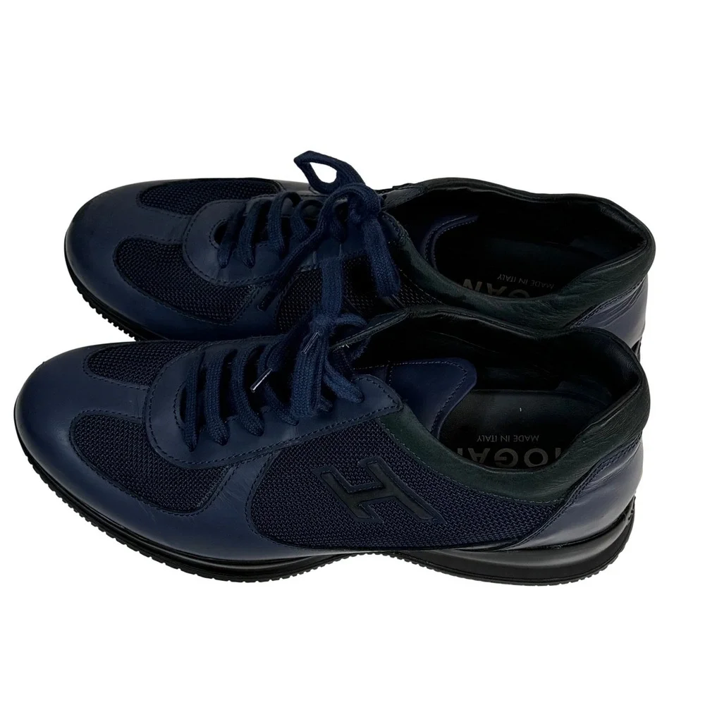 Hogan Interactive Navy Blue Leather Mesh Sneakers Mens‎ Size 7.5 Made in Italy